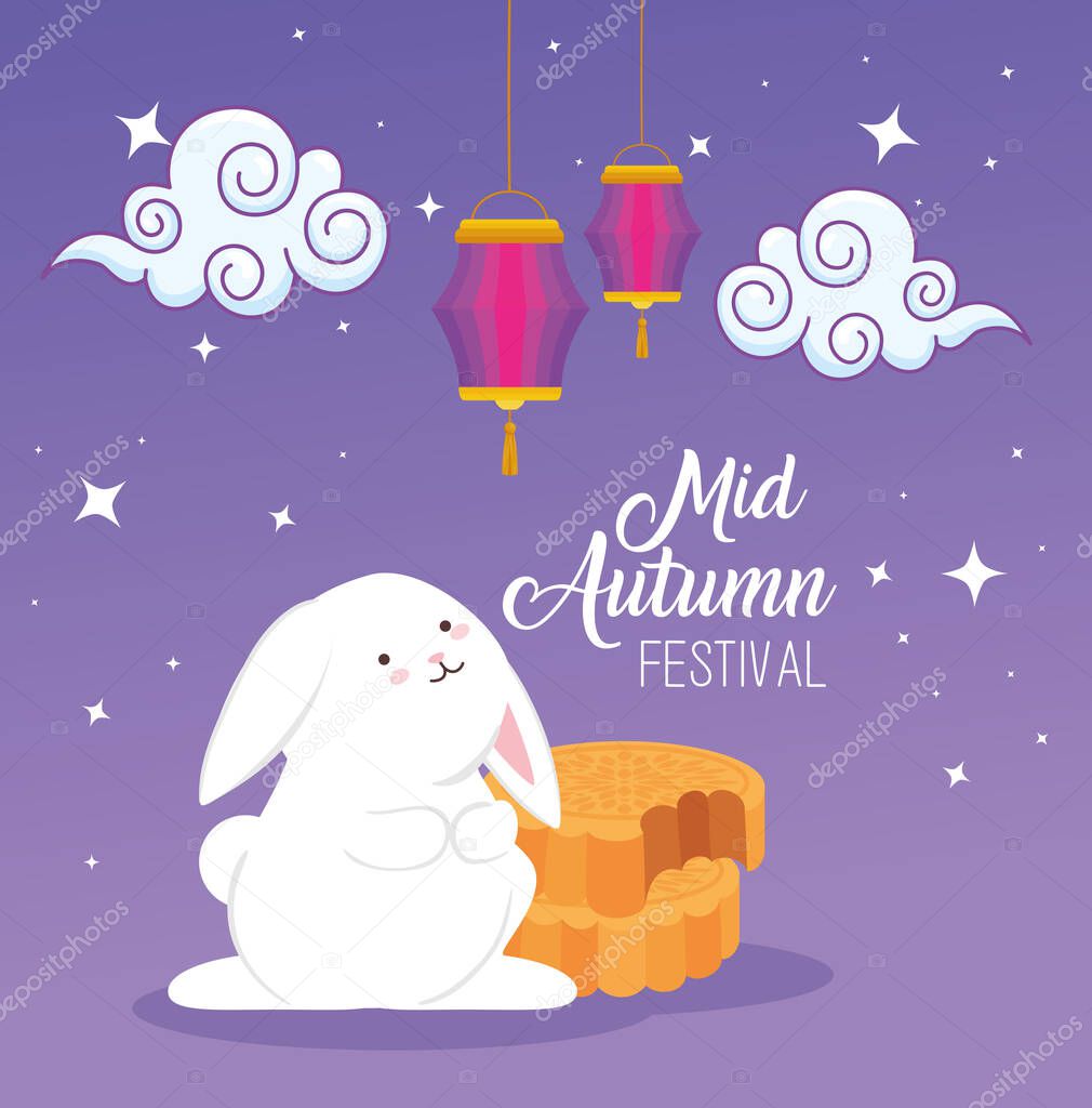 rabbit with mooncakes and clouds of happy mid autumn festival vector design