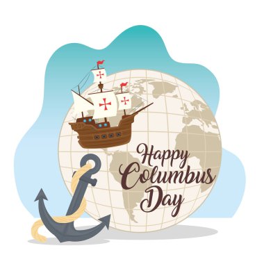 Dünya küresi ve mutlu kolomb günü vektör tasarımının çapası olan Kolomb gemisi