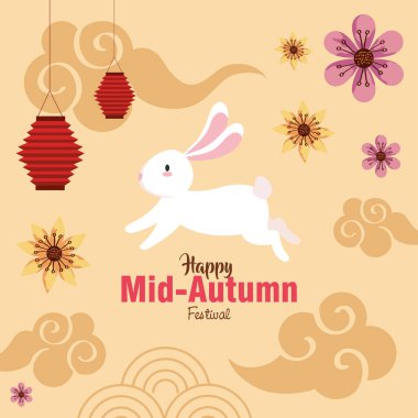 # Bulutlu tavşan ve mutlu sonbahar ortası festival vektör tasarımı fenerleri #