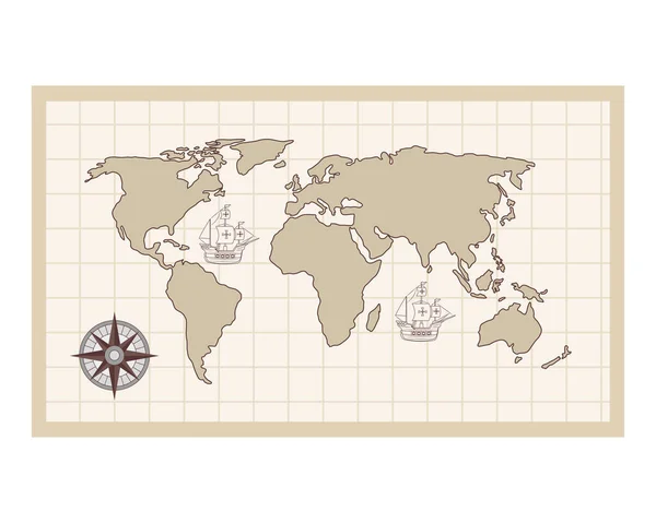 Wereldkaart met kompas vector ontwerp — Stockvector