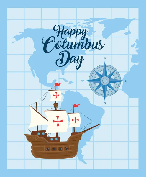 행복 한 컬럼 버스 일 벡터 설계 세계 지도를 가진 콜럼버스의 배 — 스톡 벡터