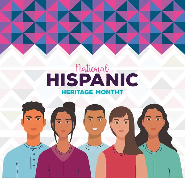 Femmes et hommes latins dessins animés du patrimoine hispanique national mois vectoriel design — Image vectorielle