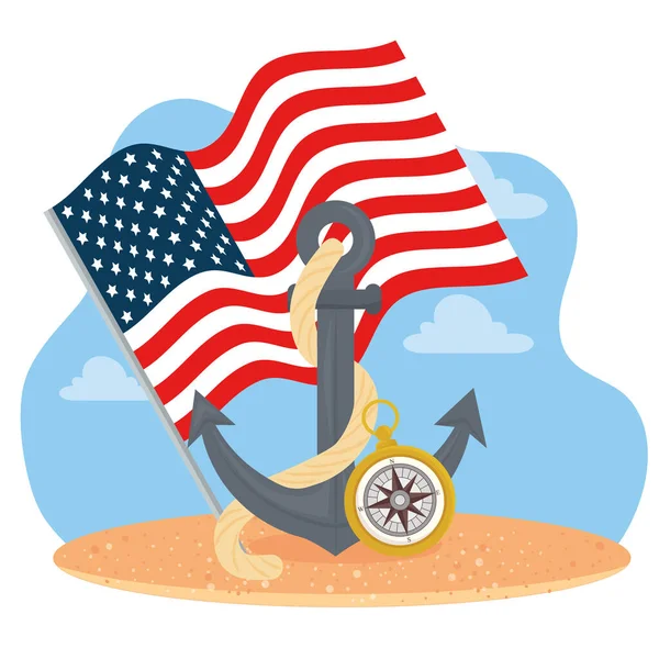 Horgony USA zászló és iránytű vektor kialakítása — Stock Vector