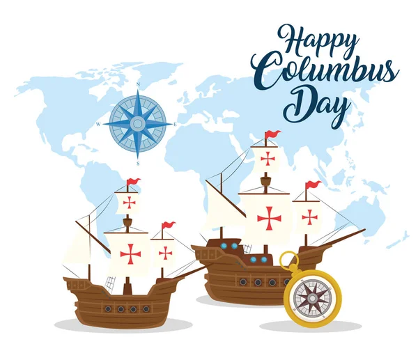 Barcos de Colón y brújula de diseño vectorial feliz día de Colón — Vector de stock