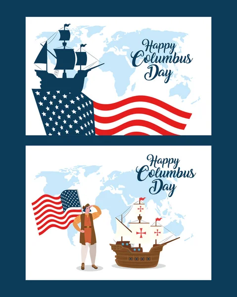 크리스토퍼 콜럼버스 (Christopher Columbus) 의 그림과 바늘 깃발 벡터 디자인 — 스톡 벡터