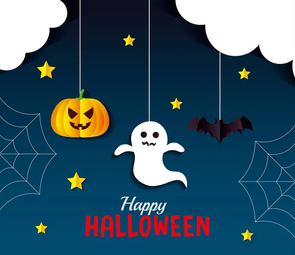 Halloween fantasma zucca e pipistrello cartoni animati appeso disegno vettoriale — Vettoriale Stock