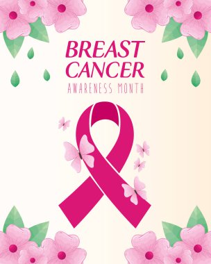 Kelebekli pembe kurdele ve meme kanseri farkındalık vektör tasarımı çiçekleri