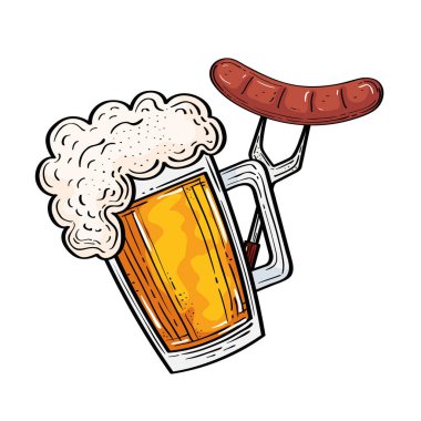 Ekim Festivali bira bardağı ve çatal vektör tasarımlı sosis.