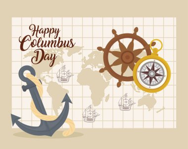 Kolomb gemileri dünya haritasında çapa dümeni ve pusula vektör tasarımı ile birlikte