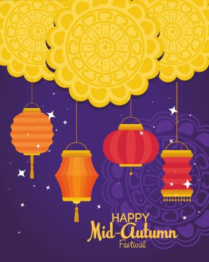 Mutlu sonbahar ortası festivalleri için ay çörekleri olan kırmızı fenerler.