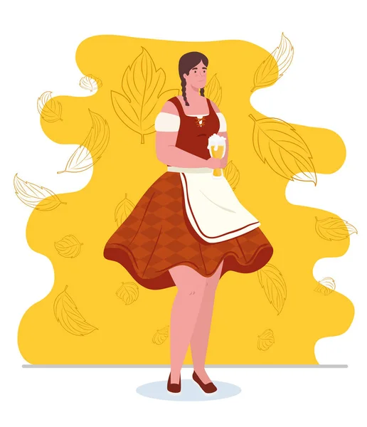 Oktoberfest mujer de dibujos animados con tela tradicional y diseño de vectores de cerveza — Vector de stock