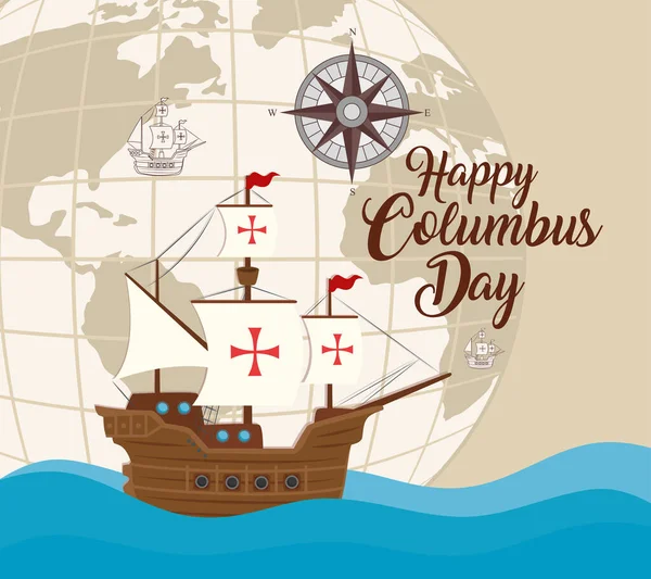 Barco de Colón con esfera mundial de diseño vectorial feliz día de Colón — Vector de stock