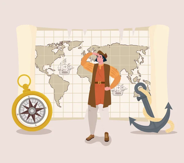 Christopher Columbus cartoon met kompas en anker vector ontwerp — Stockvector