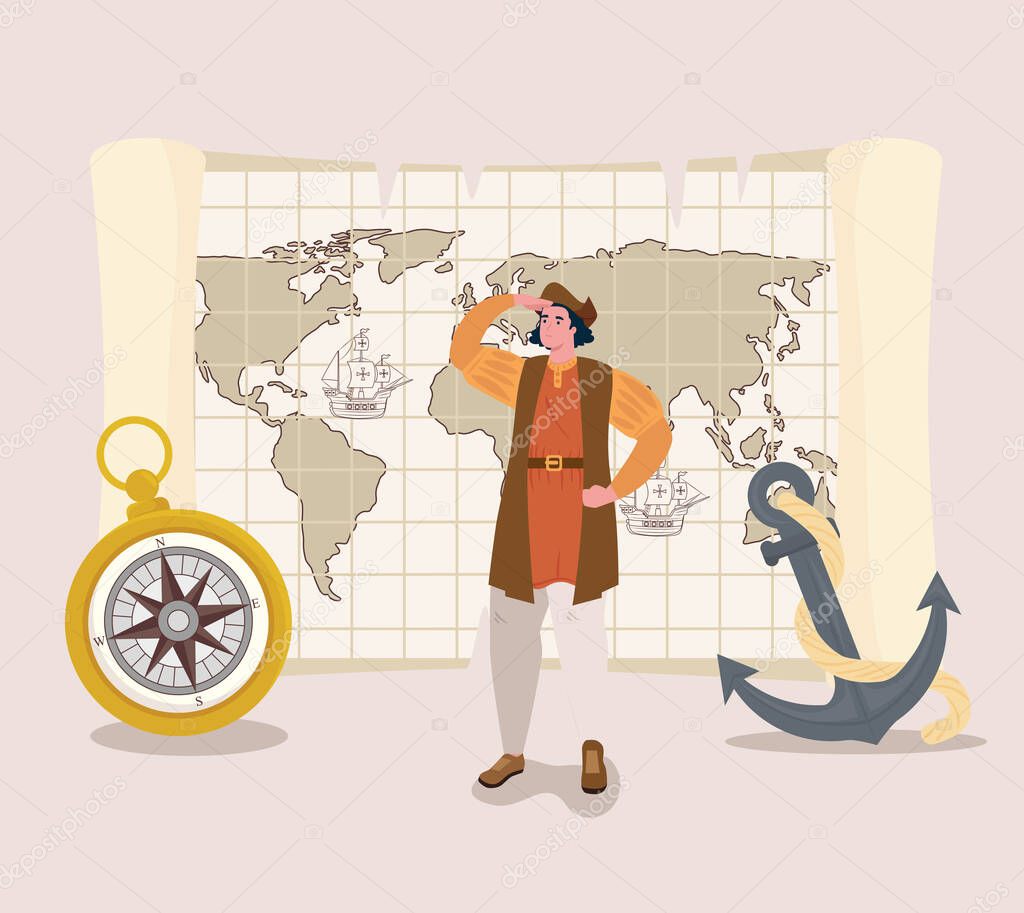 Christopher Columbus cartoon with compass and anchor vector design