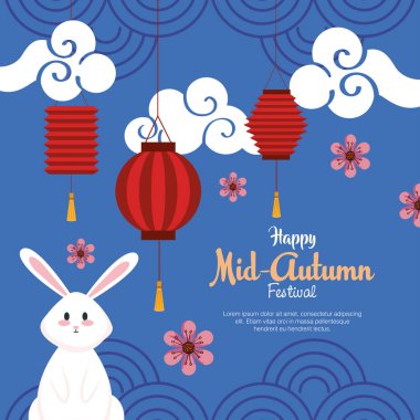 # Bulutlu tavşan ve mutlu sonbahar ortası festival vektör tasarımı fenerleri #