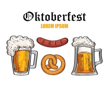 Oktoberfest bira bardakları simit ve sosis vektör tasarımı