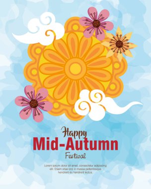Çiçekli ay çöreği ve mutlu sonbahar ortası festival vektör tasarımı bulutları