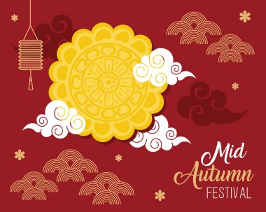 Fenerli ay çöreği ve mutlu sonbahar ortası festival vektör tasarımı bulutları.