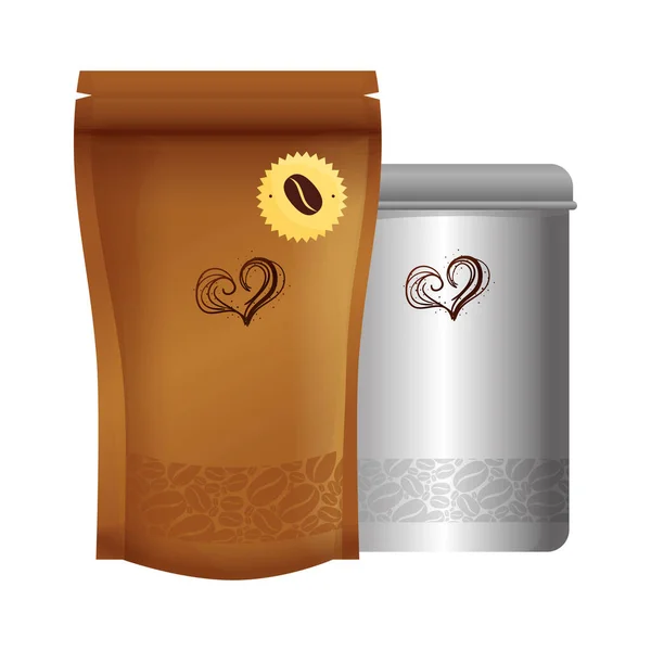 Marca maqueta cafetería, paquete con cremallera y botella de café — Vector de stock