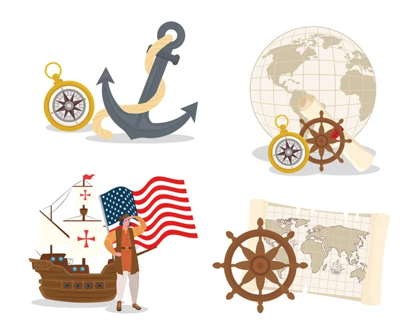 Christopher Columbus tecknad film med fartyg och ikon set vektor design — Stock vektor