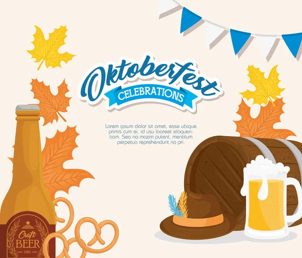 Oktoberfest öl glasflaska hatt och fat vektor design — Stock vektor