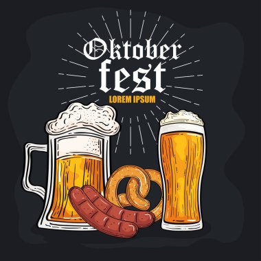 Oktoberfest bira bardakları simit ve sosis vektör tasarımı
