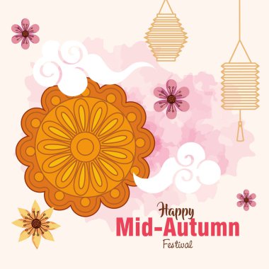 Ay pastası ve çiçek ve mutlu sonbahar ortası festival vektör tasarımı fenerleri.