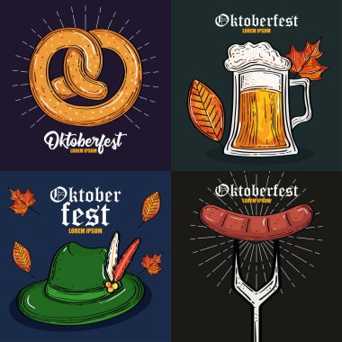 Ekim Festivali bira bardağı şapka simit ve çatal vektör tasarımlı sosis.
