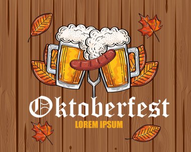 Oktoberfest bira bardakları ve sosis yapraklı vektör tasarımlı.