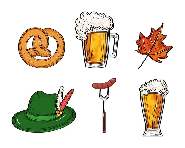 餐叉帽和叶子矢量设计中的啤酒杯、椒盐卷饼和香肠 — 图库矢量图片