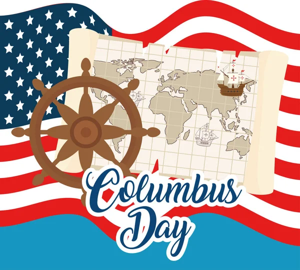 Nave Colón en el mapa del mundo y timón en frente del diseño del vector de bandera de EE.UU. — Vector de stock