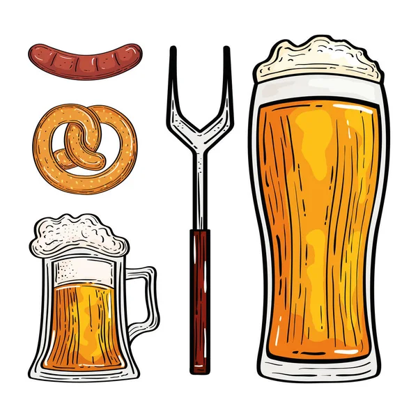 Oktoberfest pivo brýle vidlička preclík a párek vektorový design — Stockový vektor