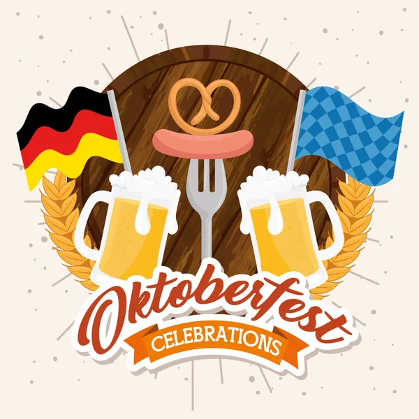 Oktoberfest vasos de cerveza con banderas de diseño de vectores — Vector de stock