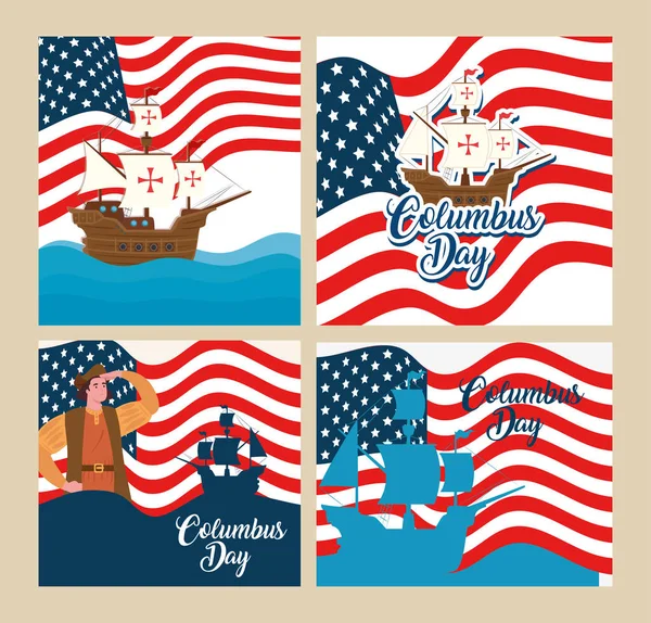Christophe Colomb dessin animé avec des navires et des drapeaux américains conception vectorielle — Image vectorielle
