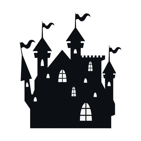 Halloween hanté château sombre avec drapeaux silhouette icône de style — Image vectorielle