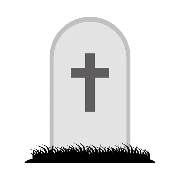 Cemetery tomb with cross and grass isolated icon — Stock Vector