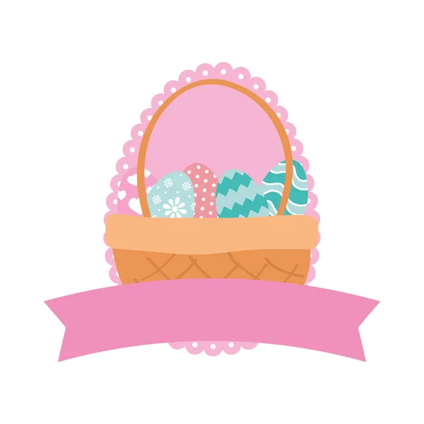 Huevos de Pascua feliz pintado en cesta con marco de cinta — Vector de stock