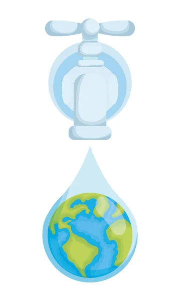 Vodovodní kohoutek se světovou planetou Země v kapkách — Stockový vektor