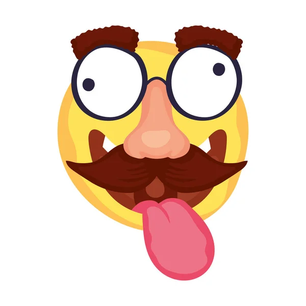 Loco emoji cara con bigote y gafas máscara tontos día — Vector de stock