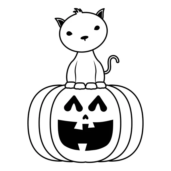 Visage de citrouille halloween avec style ligne chat noir — Image vectorielle