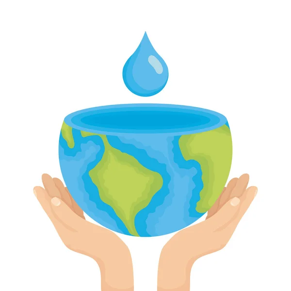 Hands lifting world planet earth with drop water — Stock Vector