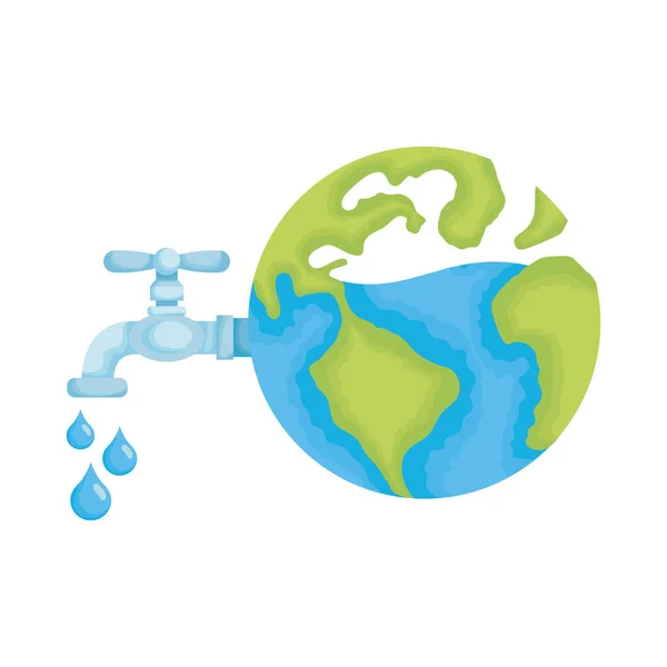Planeta mundo terra com torneira de água aberta — Vetor de Stock