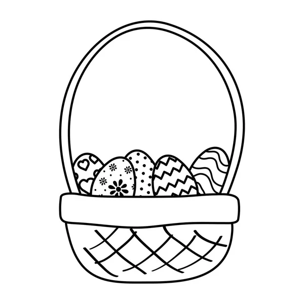 Huevos de Pascua feliz pintado en icono de estilo de línea de cesta — Vector de stock