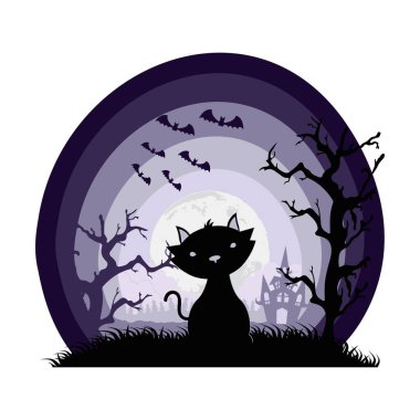 Kara cadılar bayramı kedi maskotu ve yarasalar karanlık sahnede uçuyor.