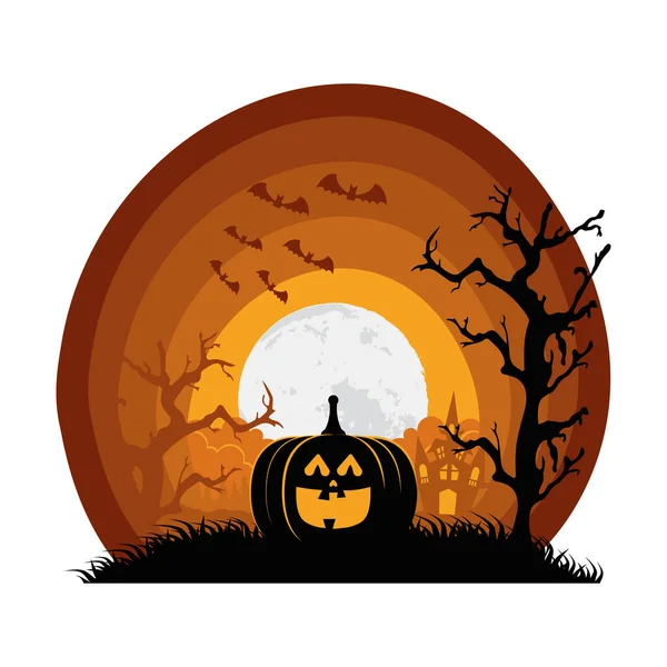 Halloween pumpkin with bats flying and haunted house scene — Stock Vector