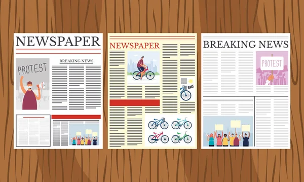 News papers φύλλα επικοινωνίας στήλες σε ξύλινο φόντο — Διανυσματικό Αρχείο