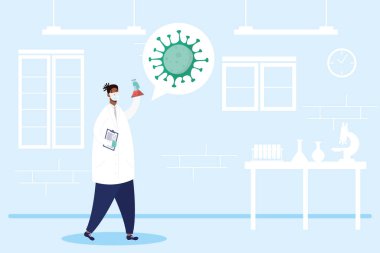 Afro erkek doktor karakteriyle aşı araştırması