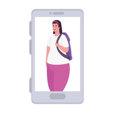 Sırt çantası akıllı telefonlu turist kadın, uygulama çevrimiçi seyahat