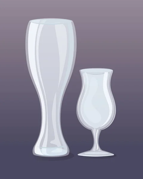 Макет, прозрачные бокалы пустые, стеклянный пильзнер и стакан коктейля — стоковый вектор