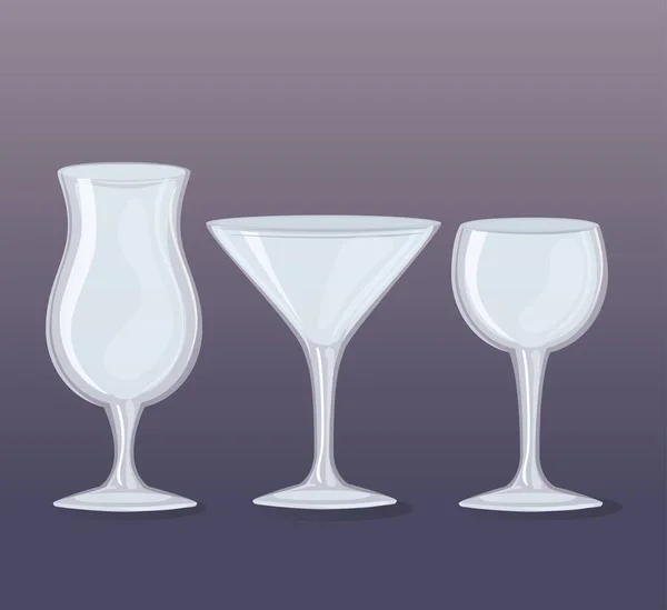 Mockup, copos transparentes vazios, copos de vinho e coquetéis — Vetor de Stock